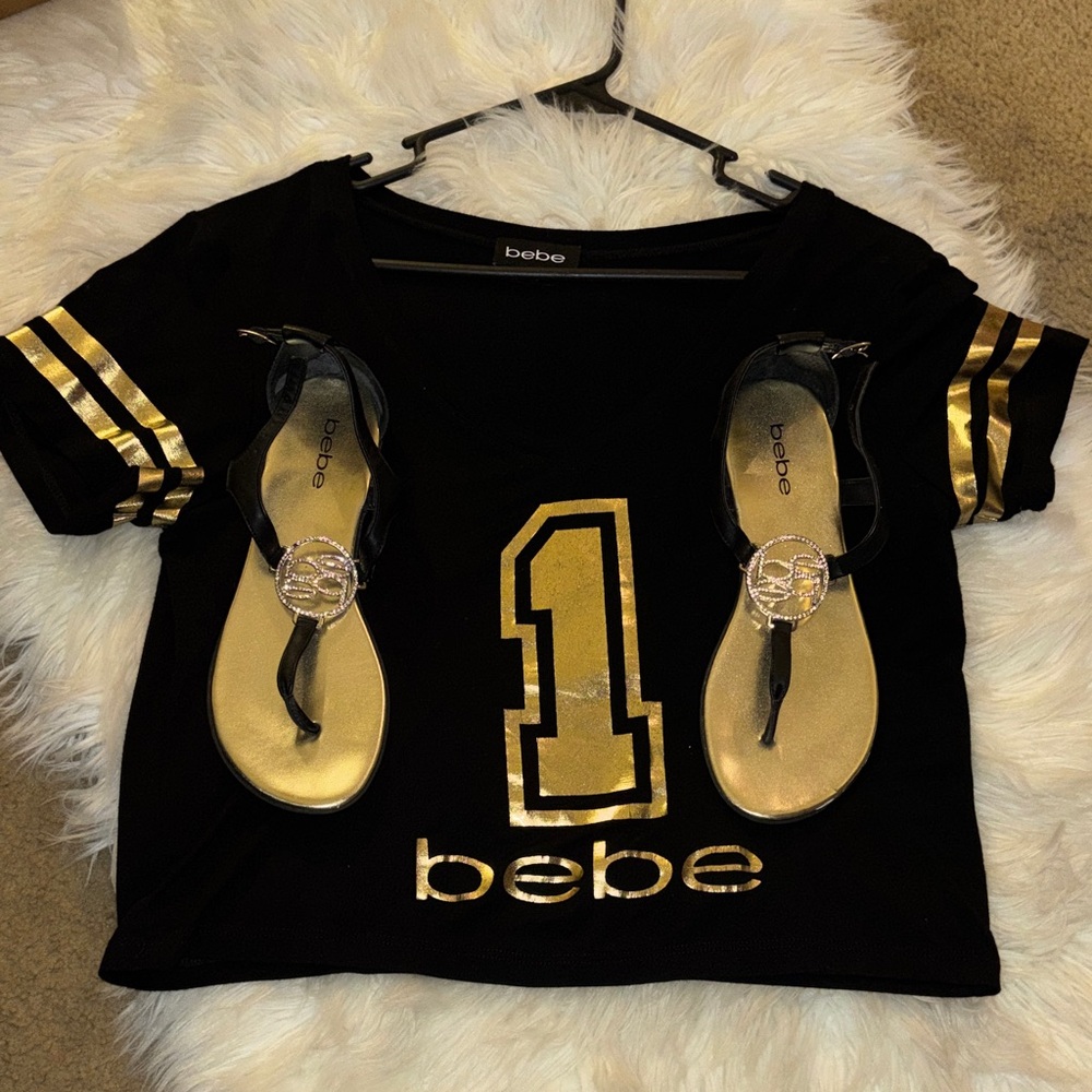Bebe Black Top with Gold Accents and Sandals